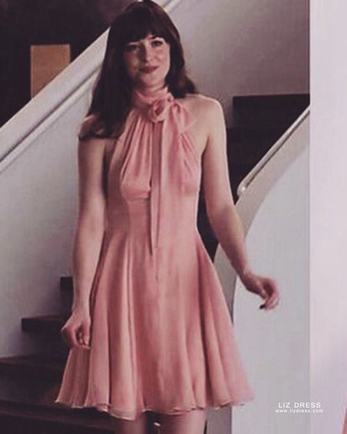 Dakota Johnson Inspired Short Pink Chiffon Dress in Movie Fifty Shades of  Grey