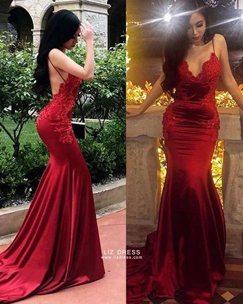 Modern Red Satin Beaded Lace V-neck Mermaid Prom Dress - Xdressy