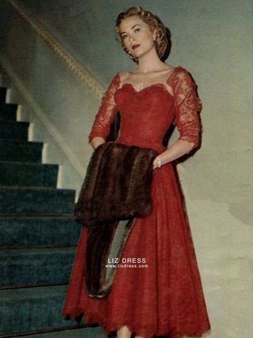 grænse Isolere hvorfor Grace Kelly Red Lace Tea-length Cocktail Party Vintage Celebrity Dress