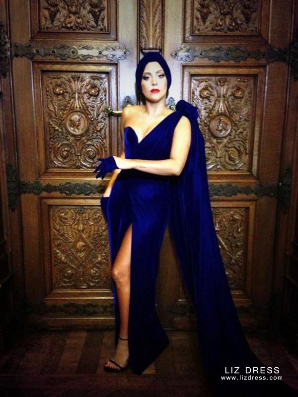 Lady Gaga Inspired Royal Blue Velvet Formal Celebrity Dress
