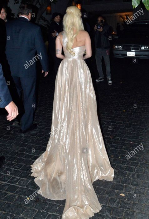 Lady Gaga Champagne One-shoulder Metallic Chiffon Celebrity Formal Prom  Dress